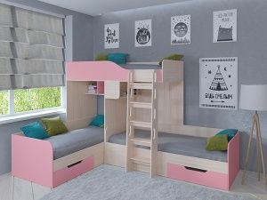 Трехместная кровать Трио (Дуб молочный/Розовый)