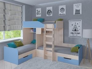 Трехместная кровать Трио (Дуб молочный/Голубой)