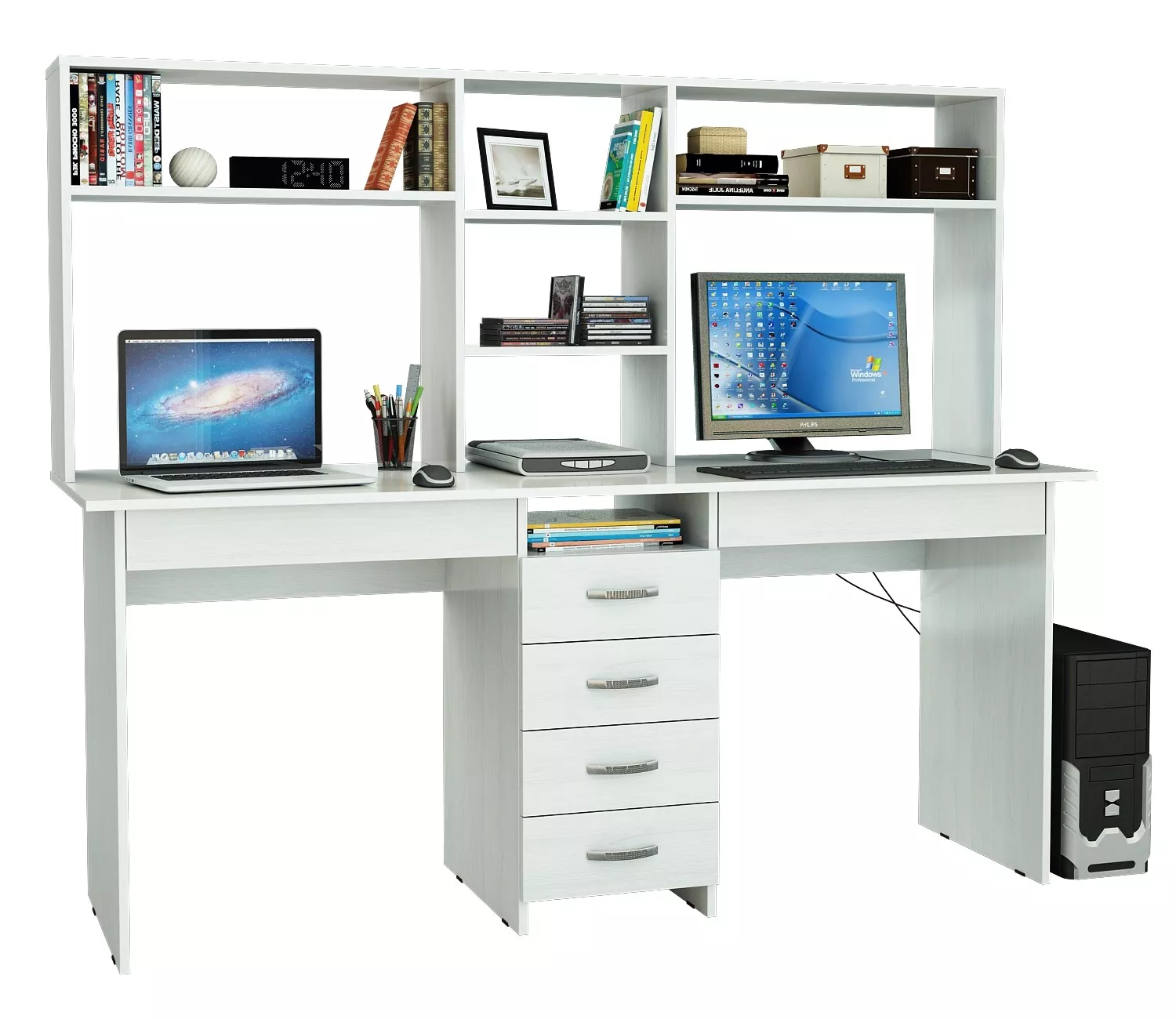 Компьютерный стол Тандем-2Я с надставкой (Белый)