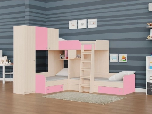 Двухъярусная кровать Трио-1 (Дуб молочный/Розовый)