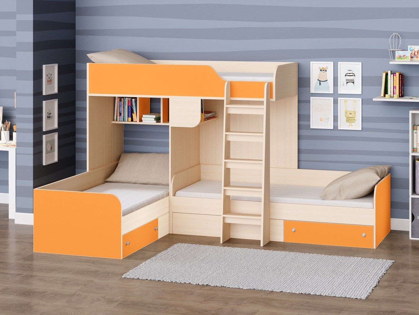 Трехместная кровать Трио (Дуб молочный/Оранжевый)