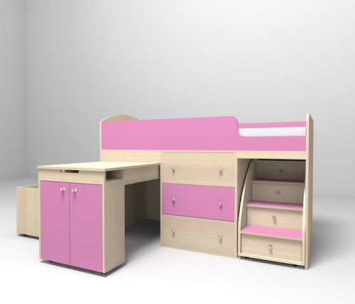 Кровать-чердак Малыш 160 (Дуб молочный-Розовый)