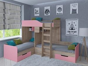 Двухъярусная кровать Трио (Дуб сонома/Розовый)