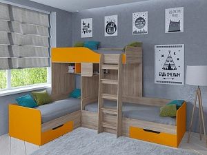 Двухъярусная кровать Трио (Дуб сонома/Оранжевый)