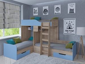 Двухъярусная кровать Трио (Дуб сонома/Голубой)