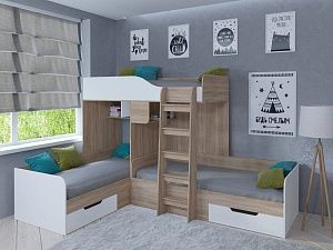 Двухъярусная кровать Трио (Дуб сонома/Белый)