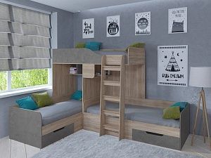 Двухъярусная кровать Трио (Дуб сонома/Железный камень)