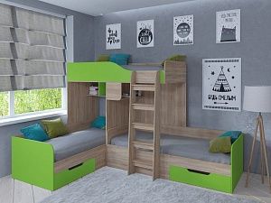 Двухъярусная кровать Трио (Дуб сонома/Салатовый)