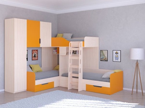 Двухъярусная кровать Трио-1 (Дуб молочный/Оранжевый)