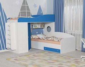 Двухъярусная кровать Кадет 2 с мет. лестницей (Белое дерево/Голубой)
