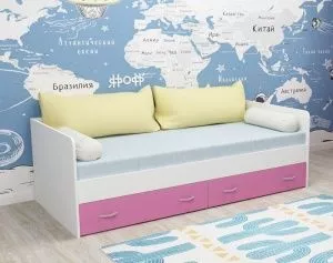 Одноярусная кровать Ярофф с выкатными ящиками (Белое дерево/Розовый)