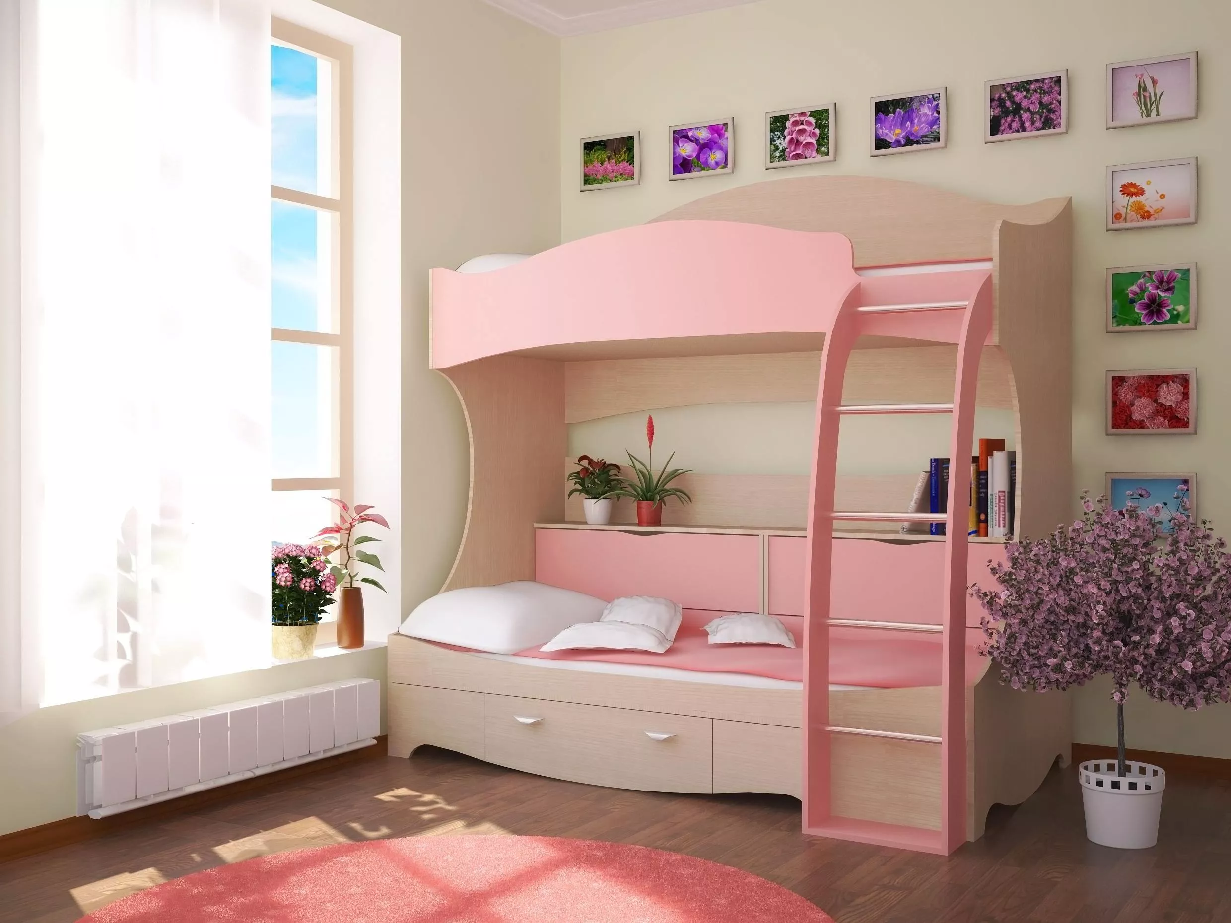 Двухъярусная кровать розового цвета для девочки