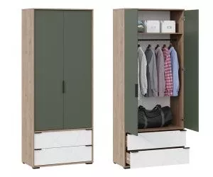 Шкаф для одежды комбинированный Лео (Гикори джексон/Белый матовый/Дымчатый зеленый)